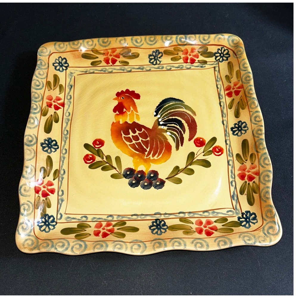 Rooster Square Plate Decorative Kitchen Dining Farmhouse Country Style Yellow